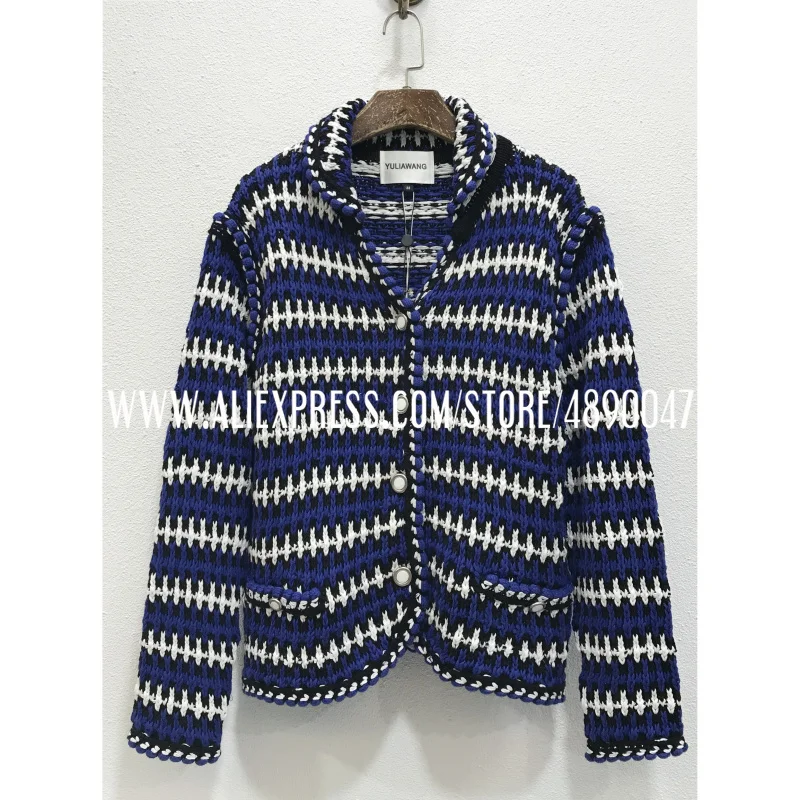

Blue white striped thick-knit knitted jacket single-breasted short jacket high quality women's lapel jacket