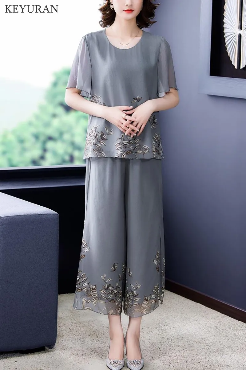 

Plus Size Mother Sets Middle-aged Elderly 2 Piece Set Women's Summer Loose Short Sleeve Print Chiffon Shirts Wide Leg Pant Suits