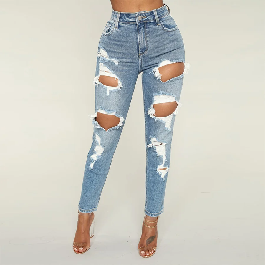 Женские джинсы с дырками повседневные облегающие брюки карандаш высокой талией