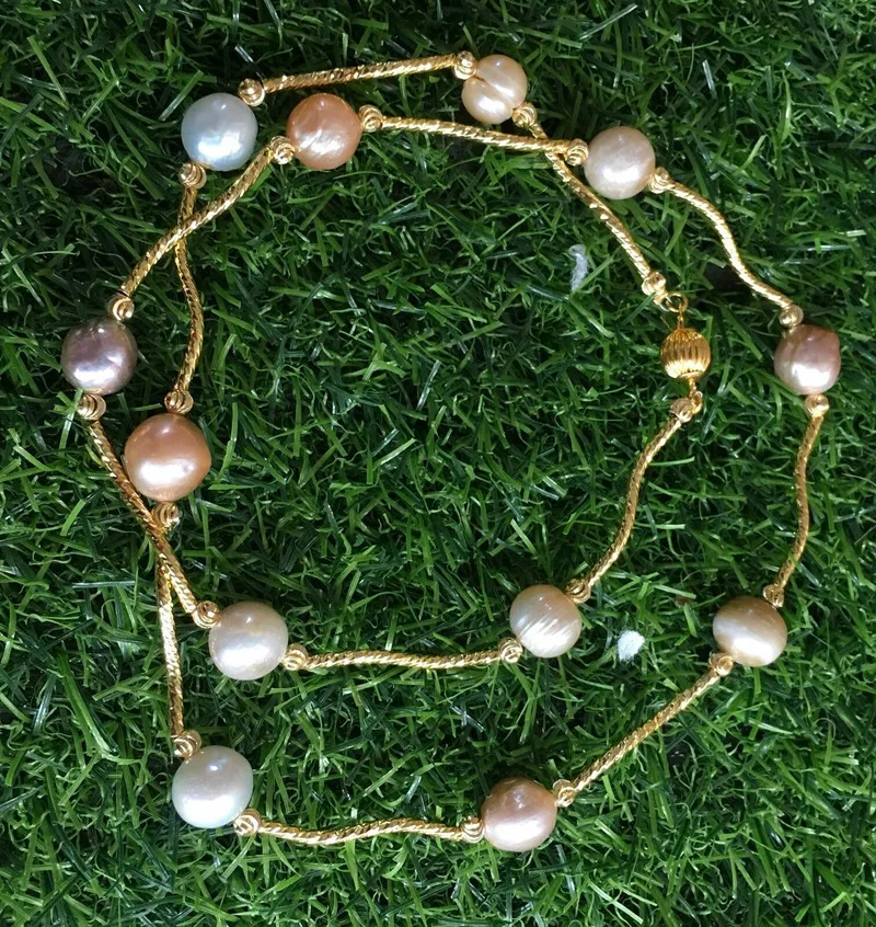 

Natural 12-13mm South Sea Genuine Multicolor Pearl Necklace25" 14k gold -plated