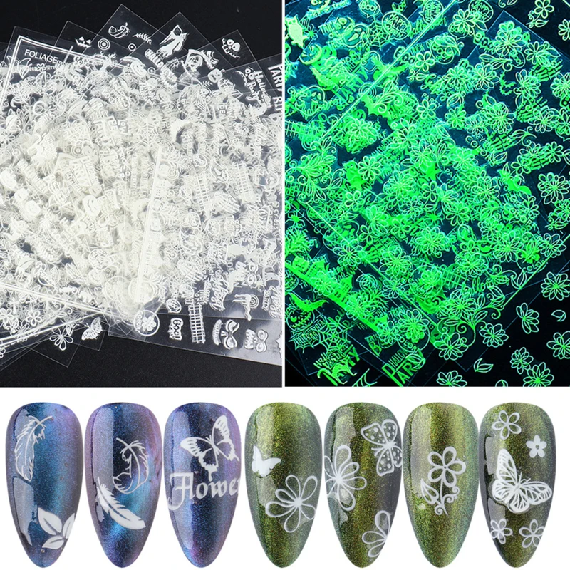 

1PCS Luminous Effect 3D Nail Art Sticker Leaf Flower Design Sparkling Nail Nail Art Sticker Decoration Nail Art Tool For Summer