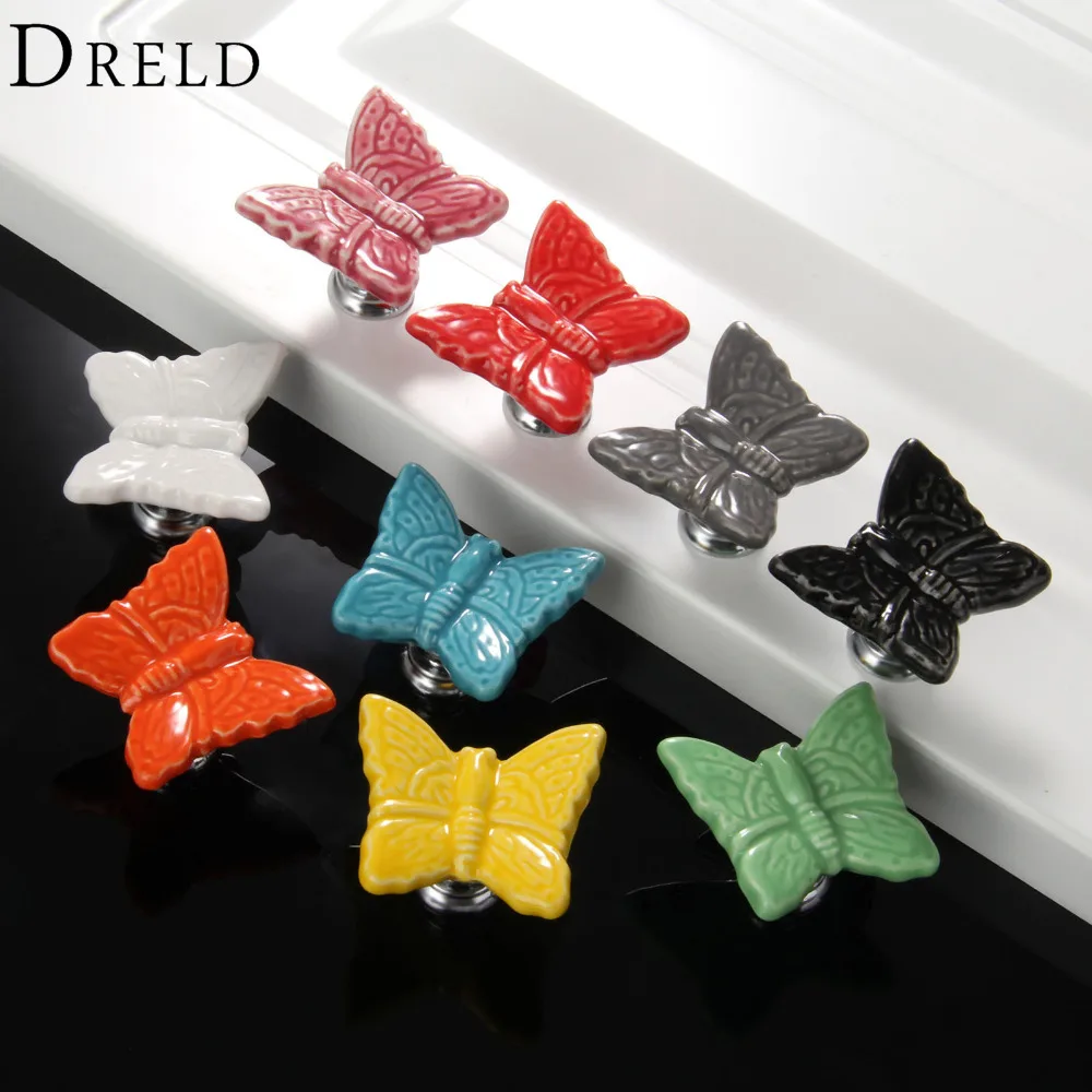 DRELD 1Pc Furniture Handles Butterfly Cabinet Knobs and Ceramic Door Knob Cupboard Dresser Drawer Kitchen Pull Handle | Обустройство