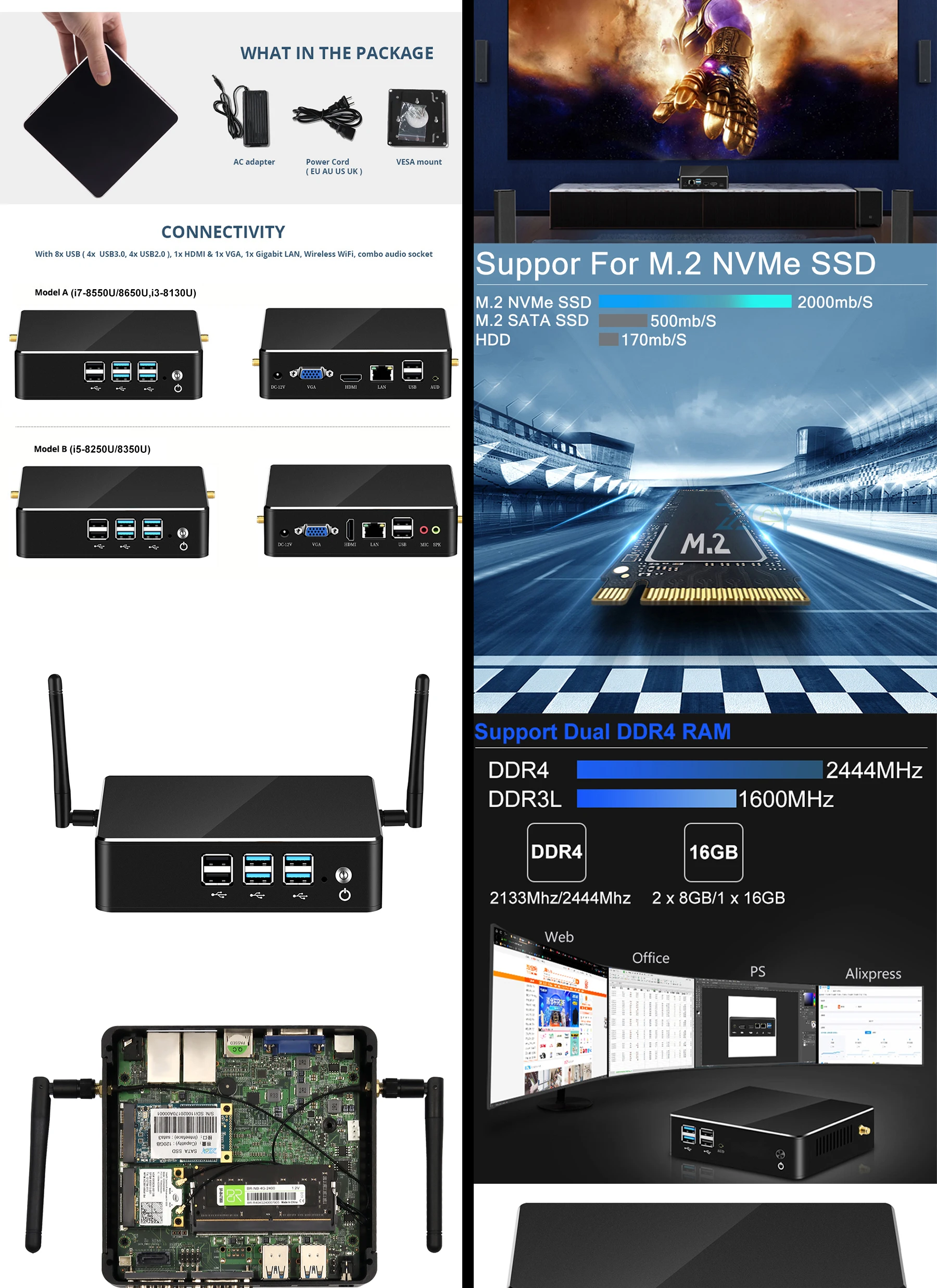 Мини ПК Intel Core i3 8130U i5 8250U i7 8550U DDR4 Windows 10 в формате 4 K UHD HDMI VGA 8xusb Wi-Fi Gigabit Ethernet HTPC офисный компьютер