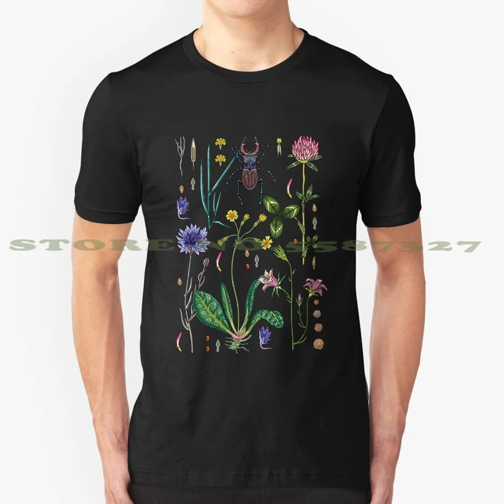 Midsummer Black White Tshirt For Men Women Summer Swelter Meadow Flower Herbs Red Clover Insect Seed Fertility Romantic Magical