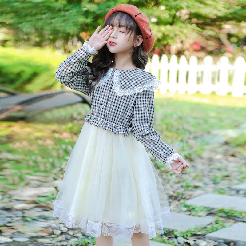Платье для девочек Осеннее клетчатое платье принцессы с длинным рукавом детская