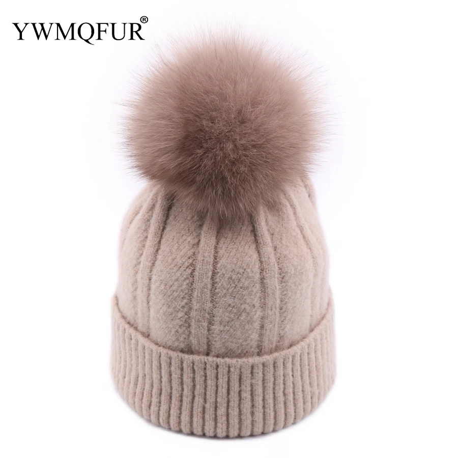 Зимняя женская вязаная шапка Skullies Женская бини с настоящим помпон из лисьего