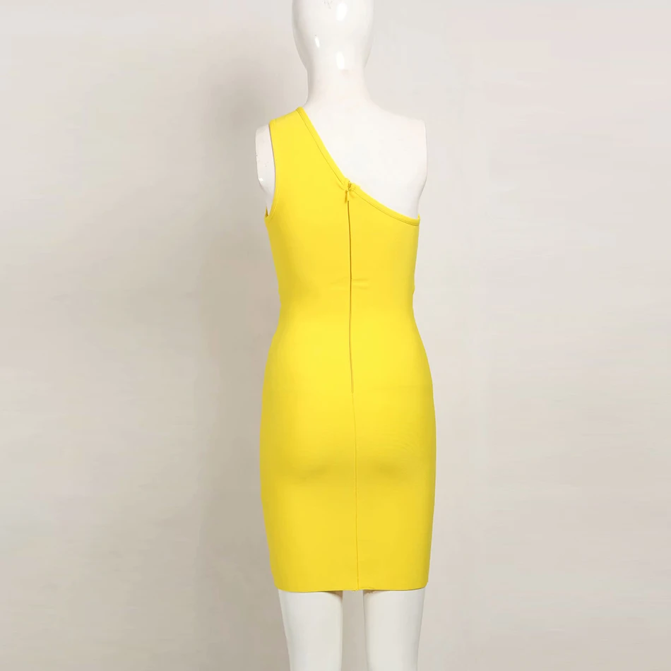 2021 Summer New Bandage Dress Yellow Sexy Sleeveless One Shoulder Hollow Bodycon Mini Dresses Club Evening Party Vestidos | Женская