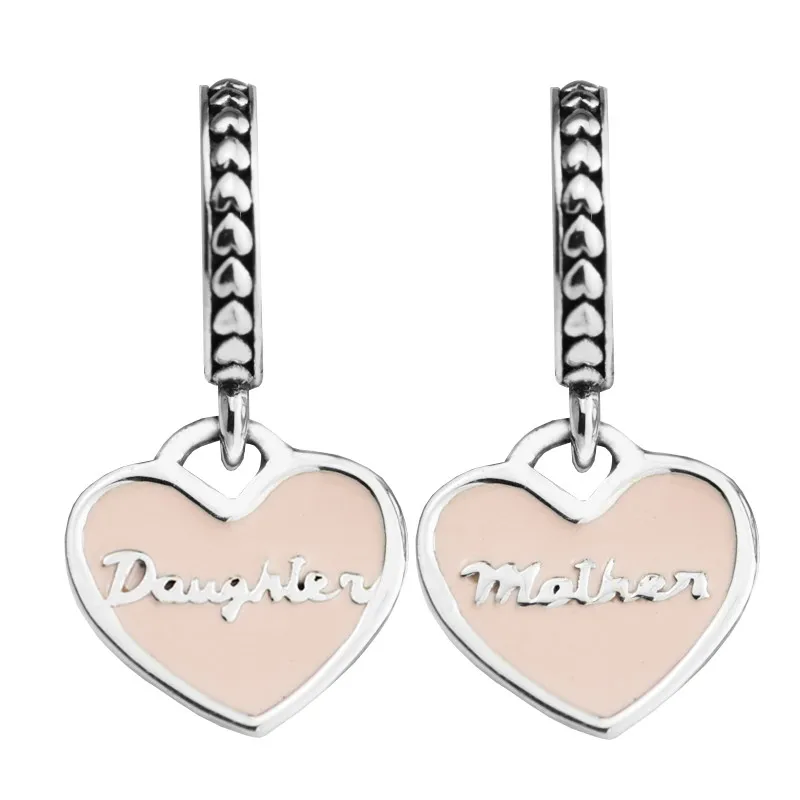 

Mother & Daughter Heart Beads Fits Charm Bracelet Pink Enamel Crystal Beads For Jewelry Making Fashion DIY 925 Sterling Silver