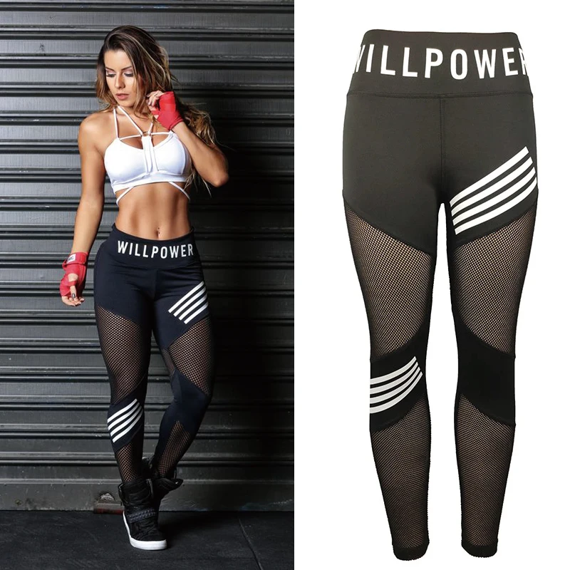 

Женские сетчатые леггинсы с завышенной талией, тренировочные штаны с надписью Willpower, сексуальные черные спортивные штаны с эффектом пуш-ап ...