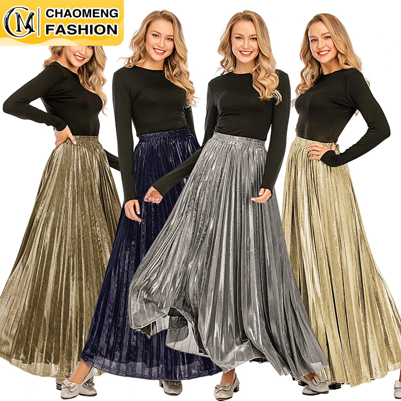 

New Arrival Women Elegant Pleated Skirt Glossy Skirt Plain Shiny Fashion Party Office Ladies Skirts Solid Color High Waist Skirt