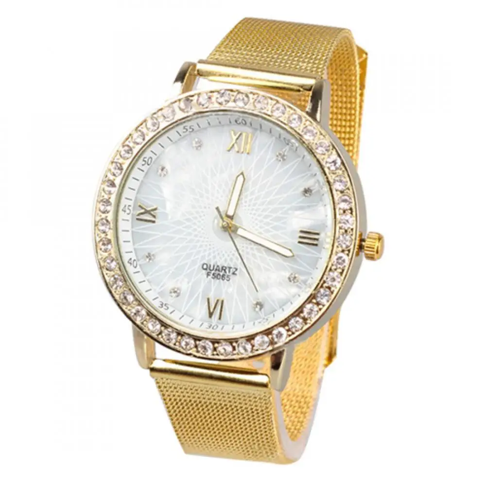 

Women Fashion Luxury Elegant Rhinestone Roman Numerals Gold Plated Metal Mesh Band Wrist Watch for Dating Gift