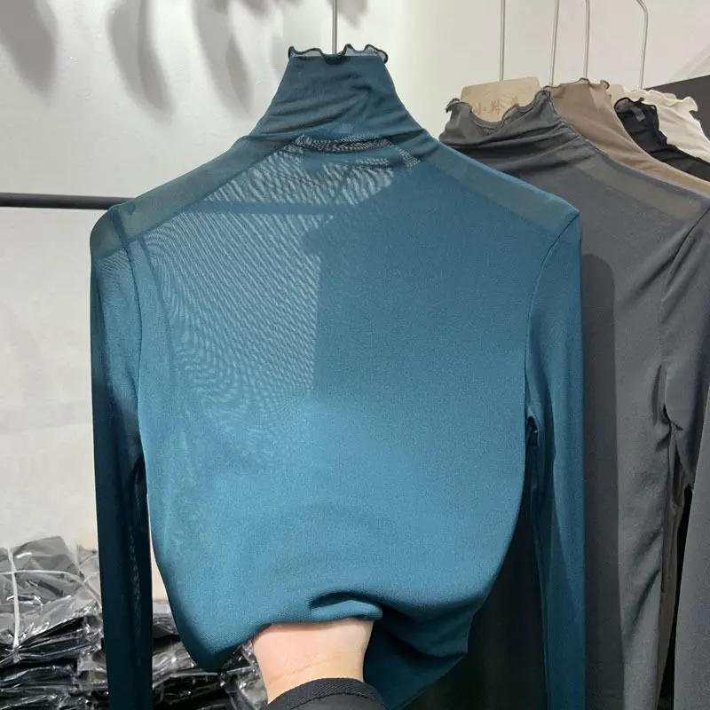 

2021 autumn new mesh lace bottoming shirt women long-sleeved high-necked solid color long-sleeved western-style blouse