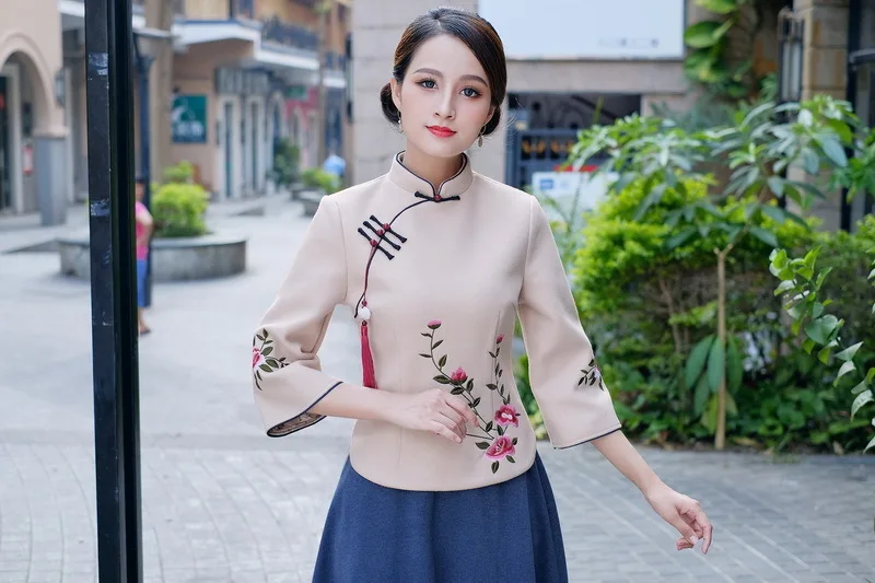 Sheng Coco Woolen Chinese Blouse Coat LadiesTraditional Chinese Shirts Embroidery Blouses Woolen Suit Classic Blue Suit