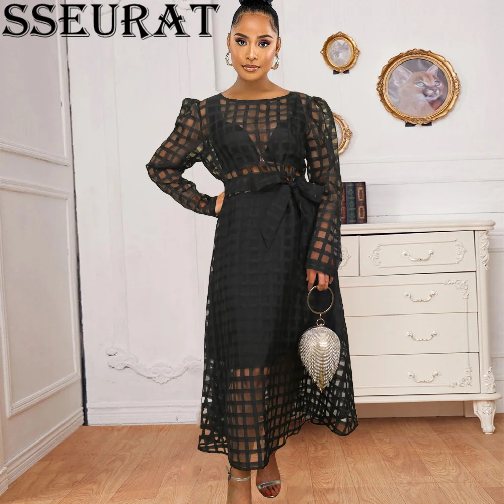 

SSEURAT Women Long Sleeve Dress Plaid Transparent See Through Casual Fashion O Neck Autumn African Dresses