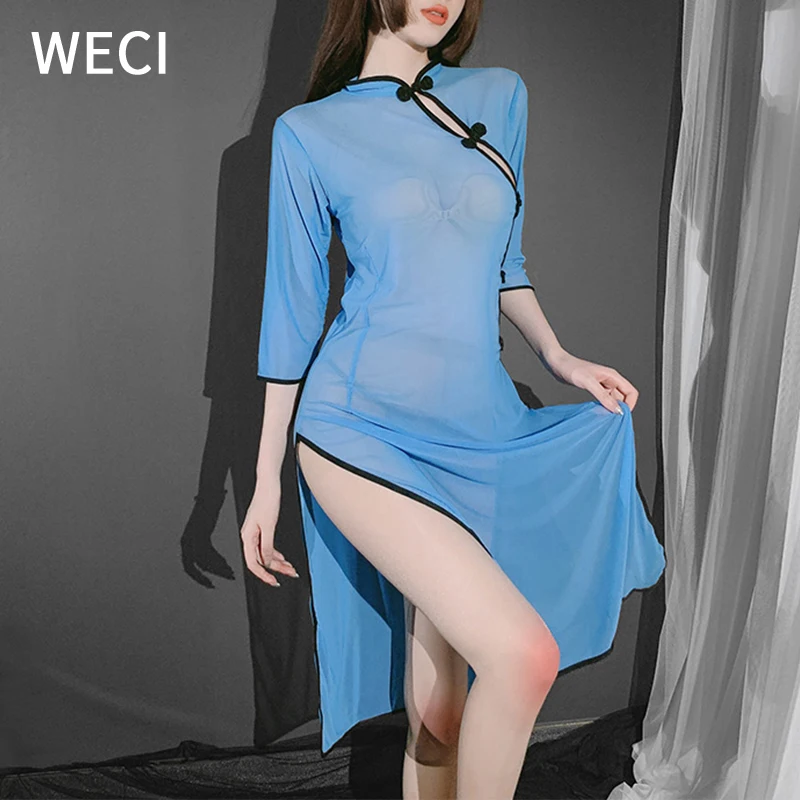 WECI Для женщин сексуальное платье Чонсам халат прозрачное белье в стиле школьницы