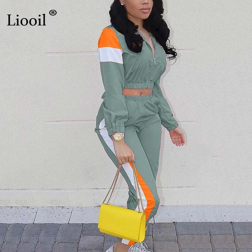 Liooil комплект из двух предметов с цветными блоками, топ и длинные штаны,, модная новая сексуальная летняя Клубная одежда, спортивные костюмы - Цвет: Зеленый