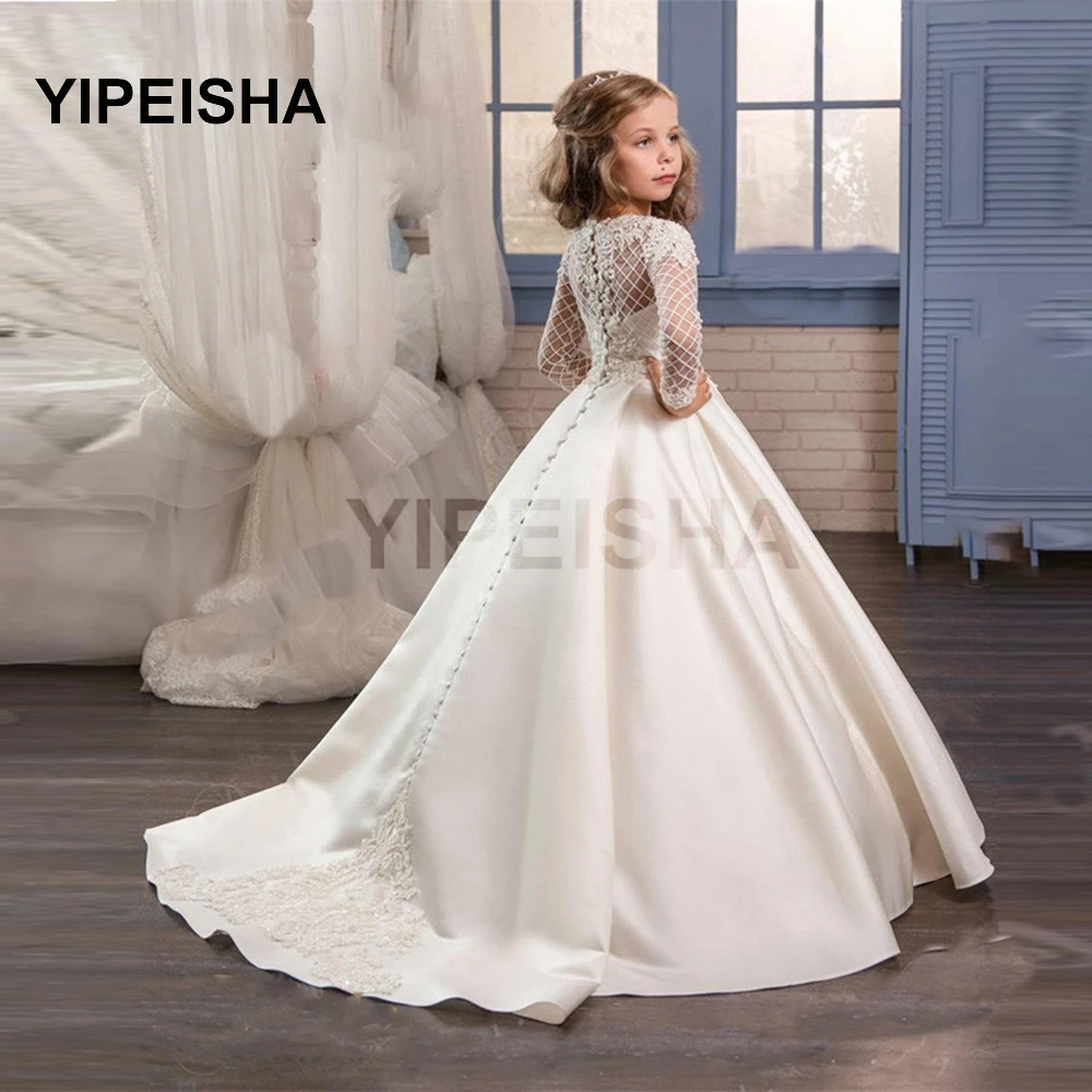 

New O-Neck Long Sleeve Flower Children's Dress Formal Wedding Dress A-Line Sweep Train Girl's Dresses robe de soire de mariage