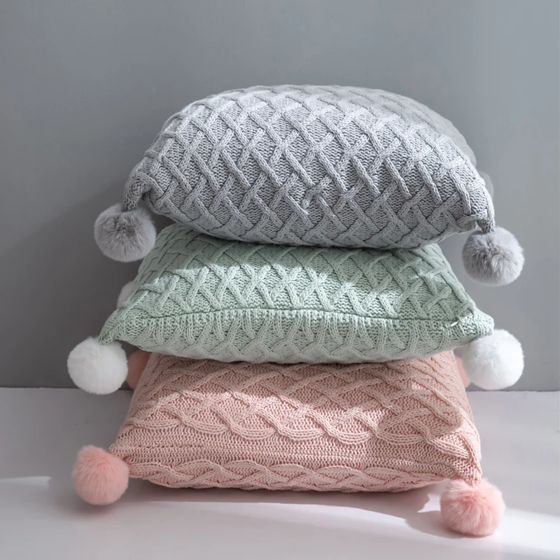 Вязаный чехол для подушки Винтажный Розовый Серый Светло-зеленый однотонный 45 см