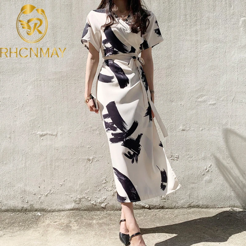 Женское платье с чернильным принтом свободное в стиле ретро V-образным вырезом на