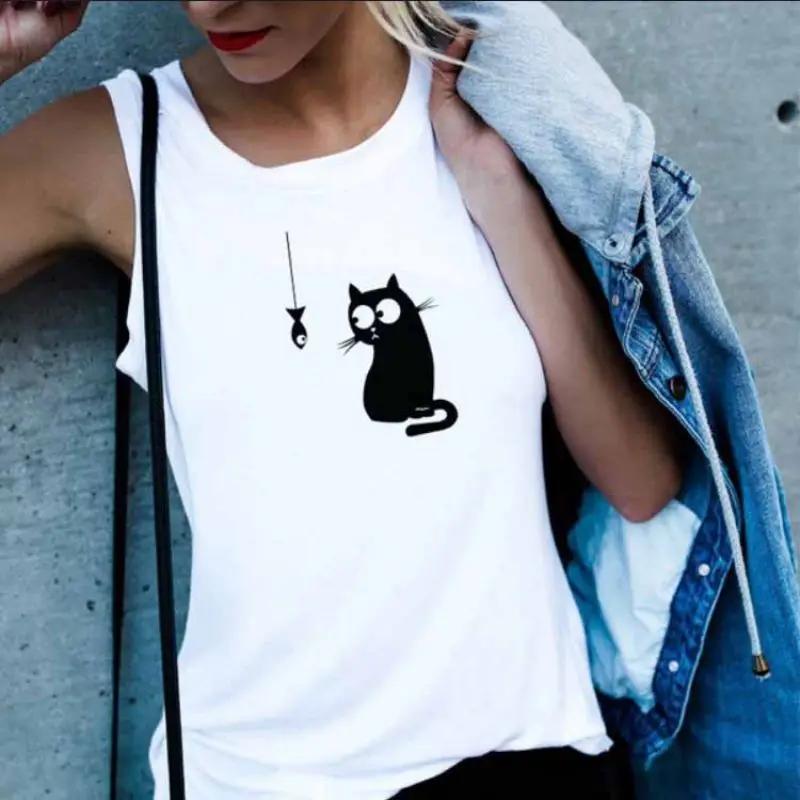 

Women Summer Sexy Round Collar Sleeveless Cat Print Shirt Vest Tank Top Slim Casual Vests