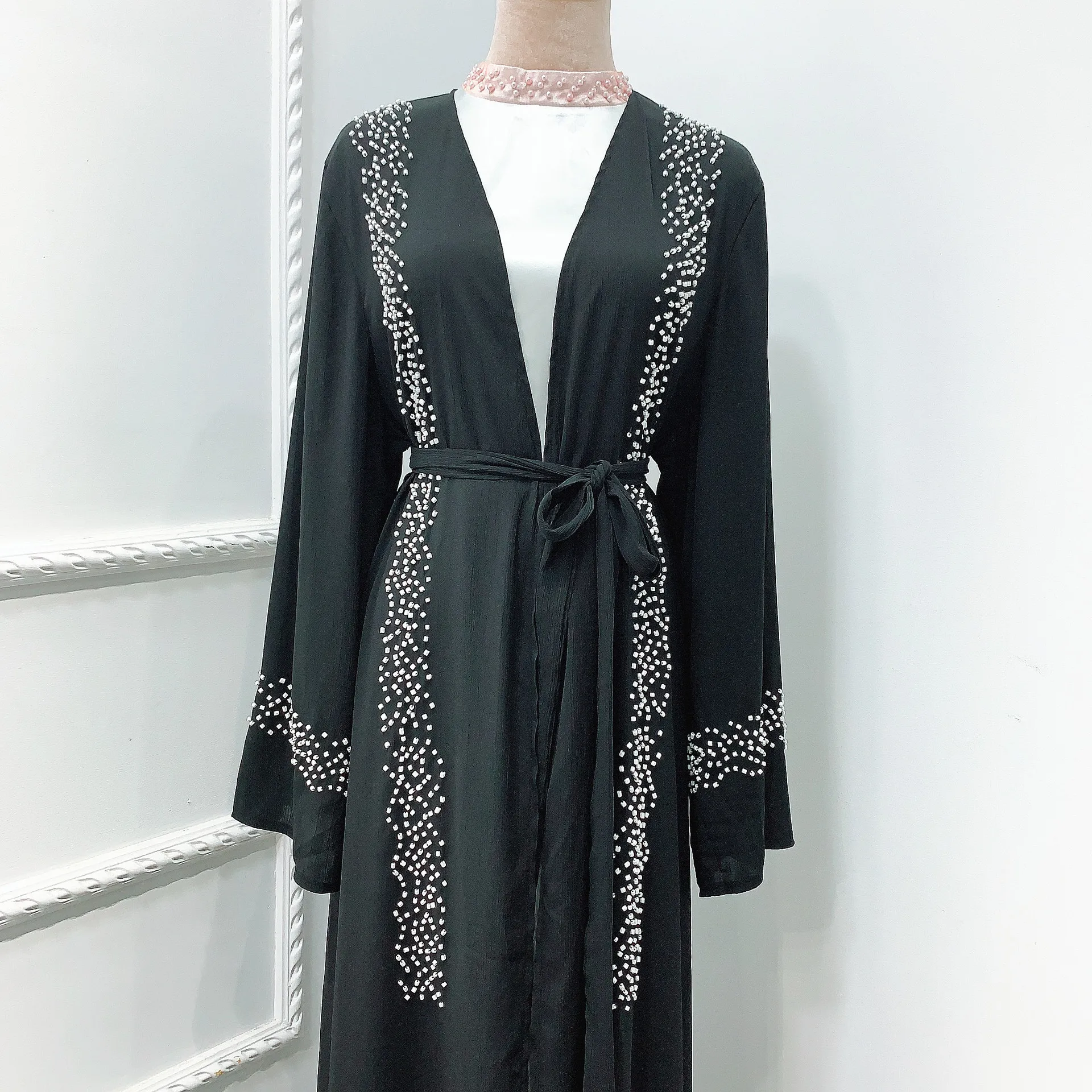 

Donsignet Ramadan Muslim Dress Cardigan Beaded Middle Eastern Robe Islamic Eid Dubai Abaya Turkey Long Dress Muslim Fashion Belt