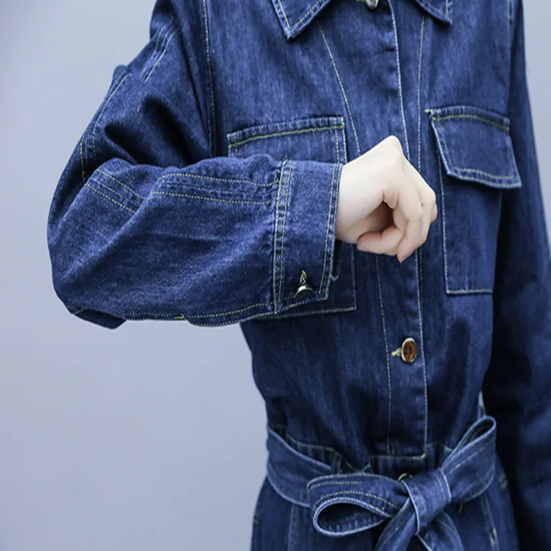 

New Spring Autumn Women Jumpsuits Casual Loose Bow Turn-Down Collar Solid Sashes Slim Jeans Playsuits For Female Denim Bodysuits