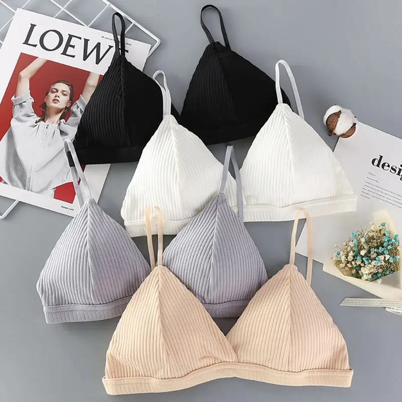 Women Girls Sexy V-Neck Triangle Bra Thread Ribbed Cotton Wireless Bralette Seamless Solid Color Spaghetti Straps Brassiere 4