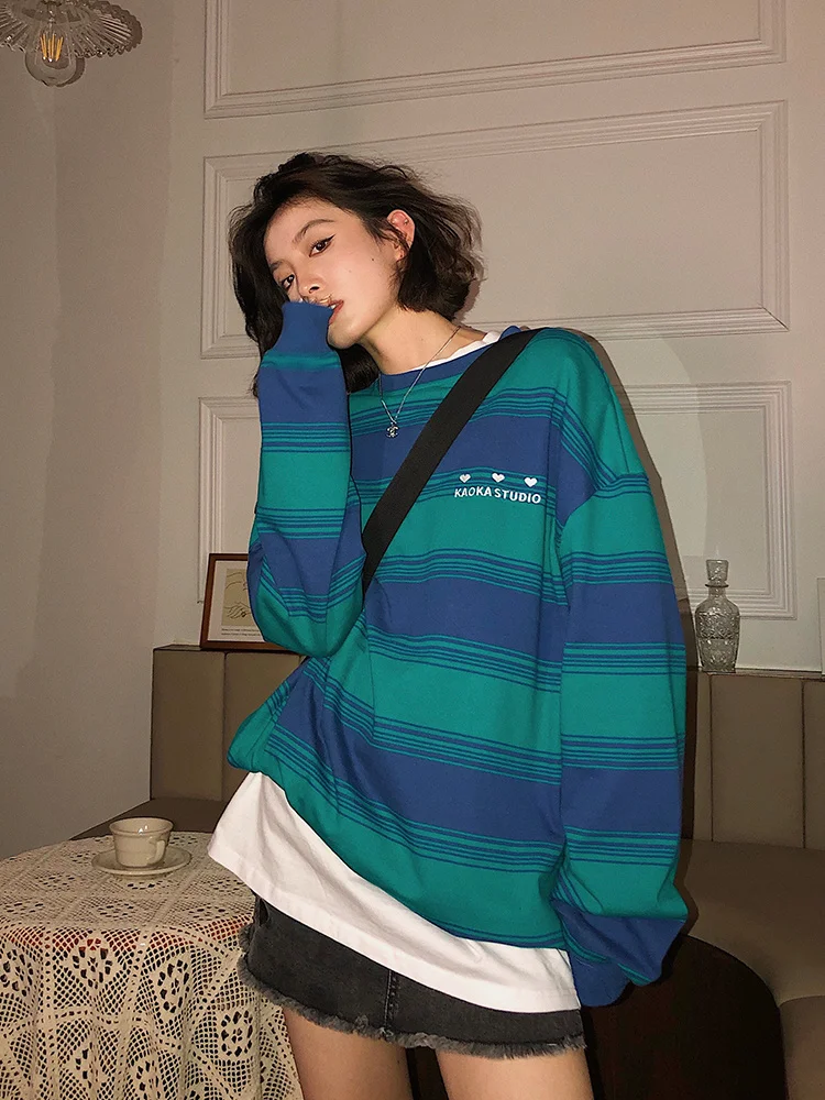 Пуловер женский с круглым вырезом тонкий Свободный Топ в полоску Корейском стиле