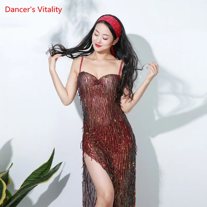 Сексуальный костюм с блестками и кисточками для восточных танцев живота платье