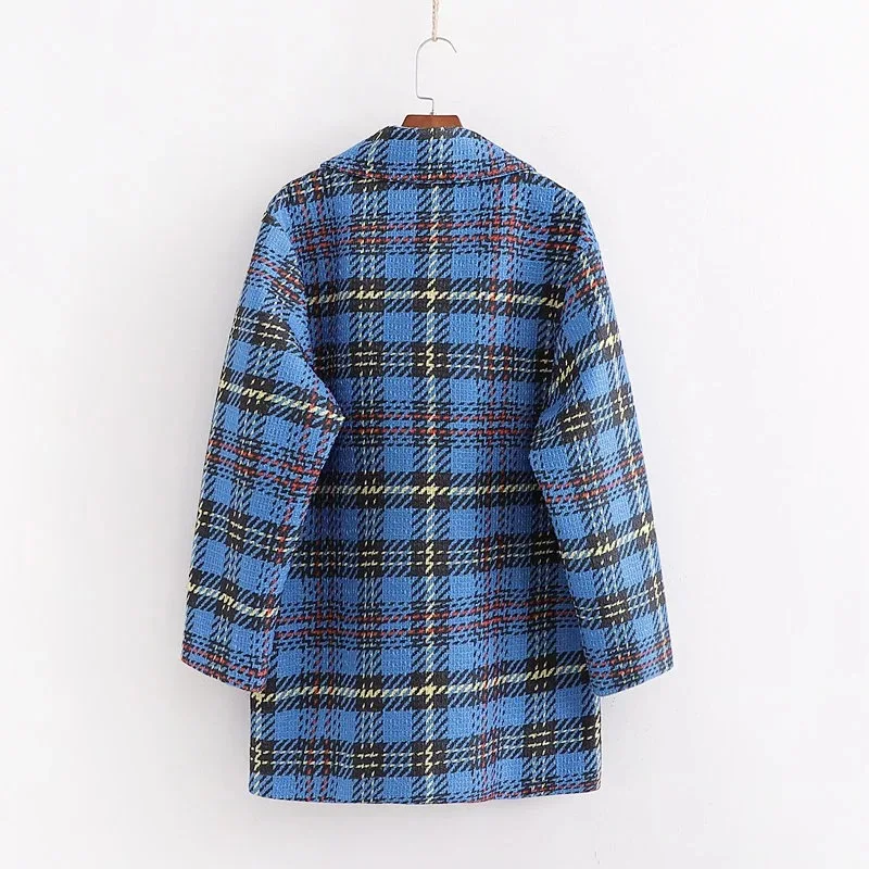 Женский шерстяной твидовый пиджак Винтажный Длинный блейзер в клетку с