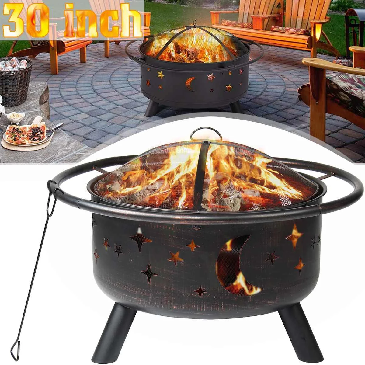 

30" Outdoor Fire Pit Wood Burning Steel BBQ Grill Firepit Bowl with Mesh Fire Pit Outdoor Fireplace for Backyard Camping Picnic