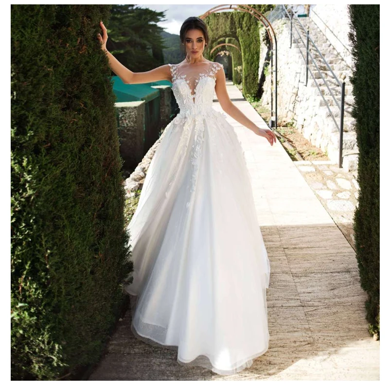 

YILIBER New Simple Wedding Dress Backless Sleeveless Design Chiffon Lace Bride Dresses Princess Dress Plus Size Tailor-made