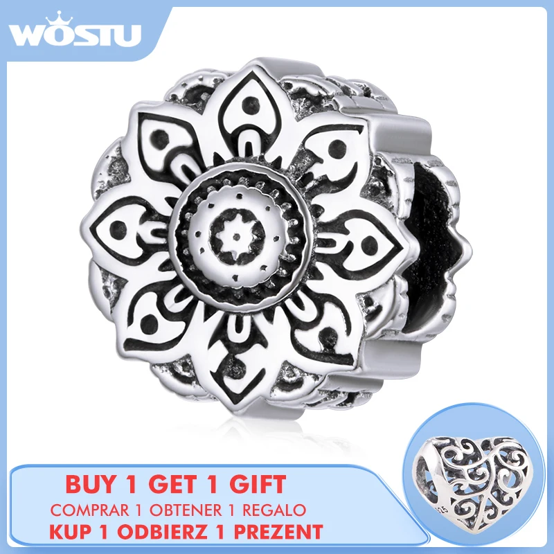 

WOSTU 925 Sterling Silver Charm Vintage Lotus Bead Round Flower Pendant Fit Original Bracelet Necklace DIY Jewelry CQC1823