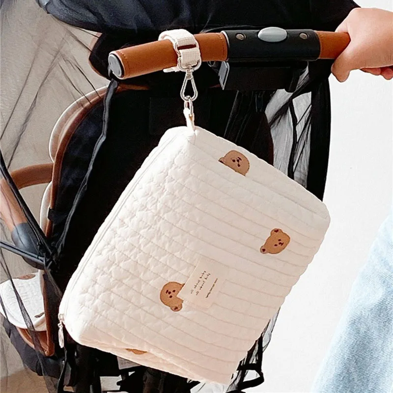 Bolsa de pa&ntilde;ales para beb&eacute;s, organizador port&aacute;til de algod&oacute;n con forma de oso para pa&ntilde;ales de beb&eacute;, organizador reutilizable para cochecito, bolsa h&uacute;meda-0