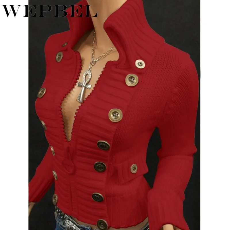 

WEPBEL Women Autumn Winter Slim Knitted Zipper Cardigan Sweater Ladies Long Sleeve Turtleneck Button Knitwear Outerwear