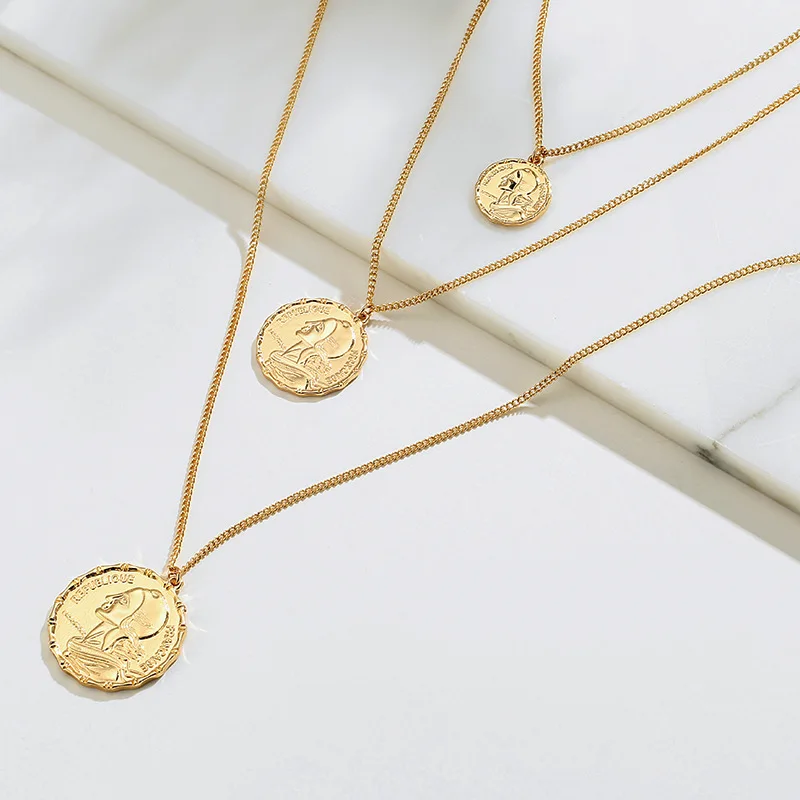 Винтаж Золотая монета с портретом геометрические формы кулон ожерелье для