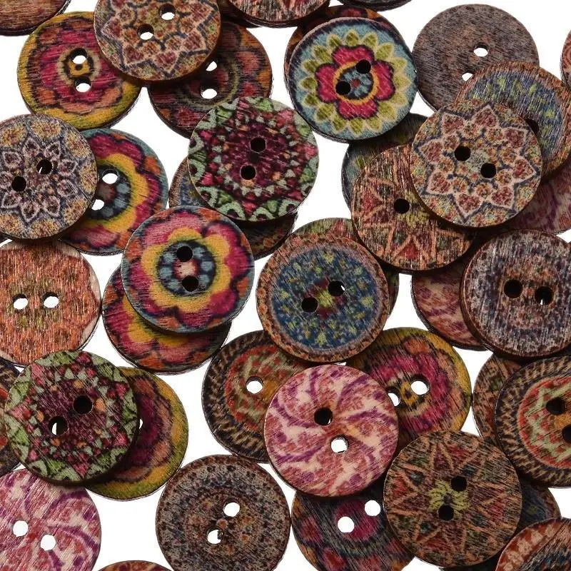 100 шт смешанные со старинными цветными цветами деревянные пуговицы для