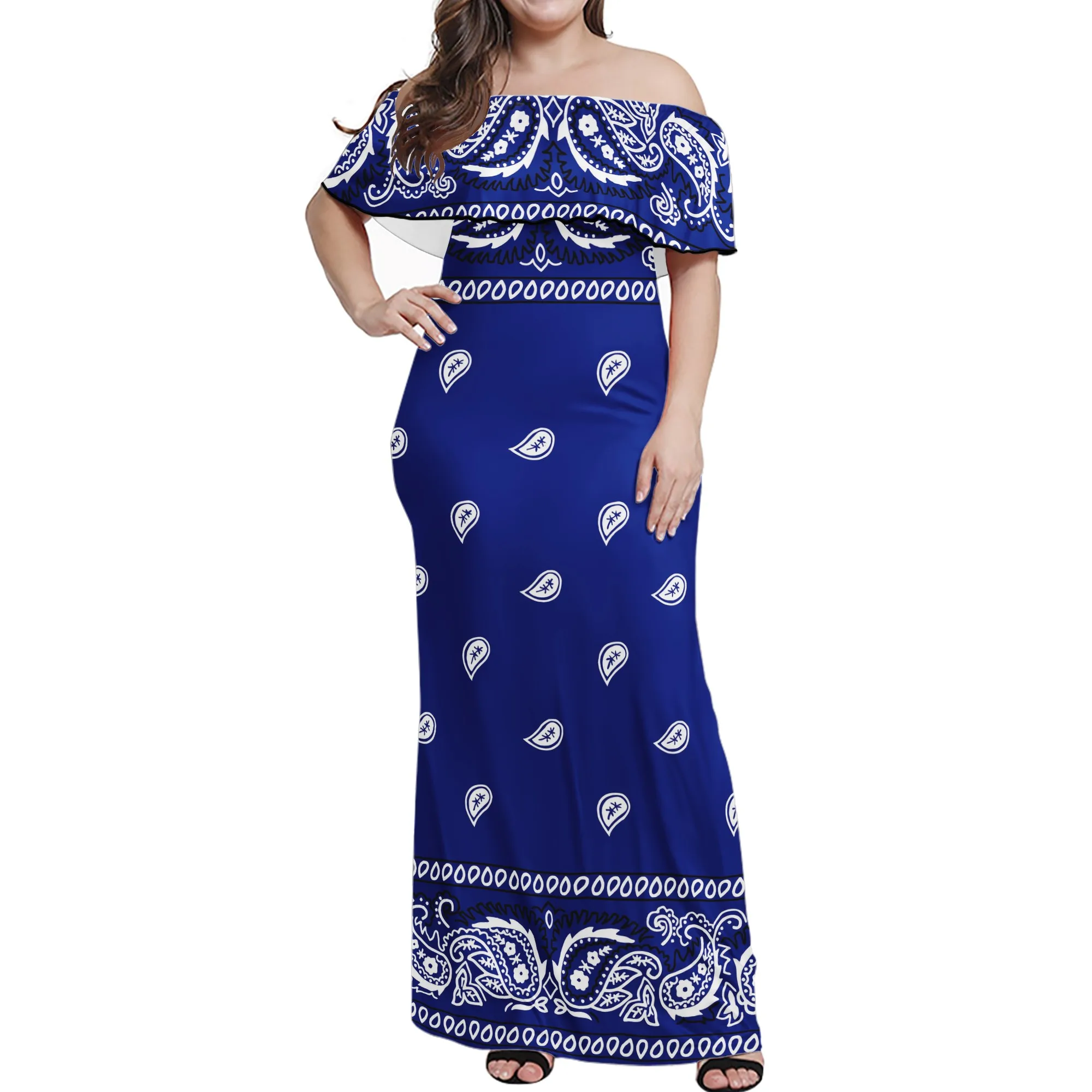

Plus Size Sexy vintage Long Dresses Print On Demand Bandana Print dress Style Women's Party Clothing Shoulder Dresses blue
