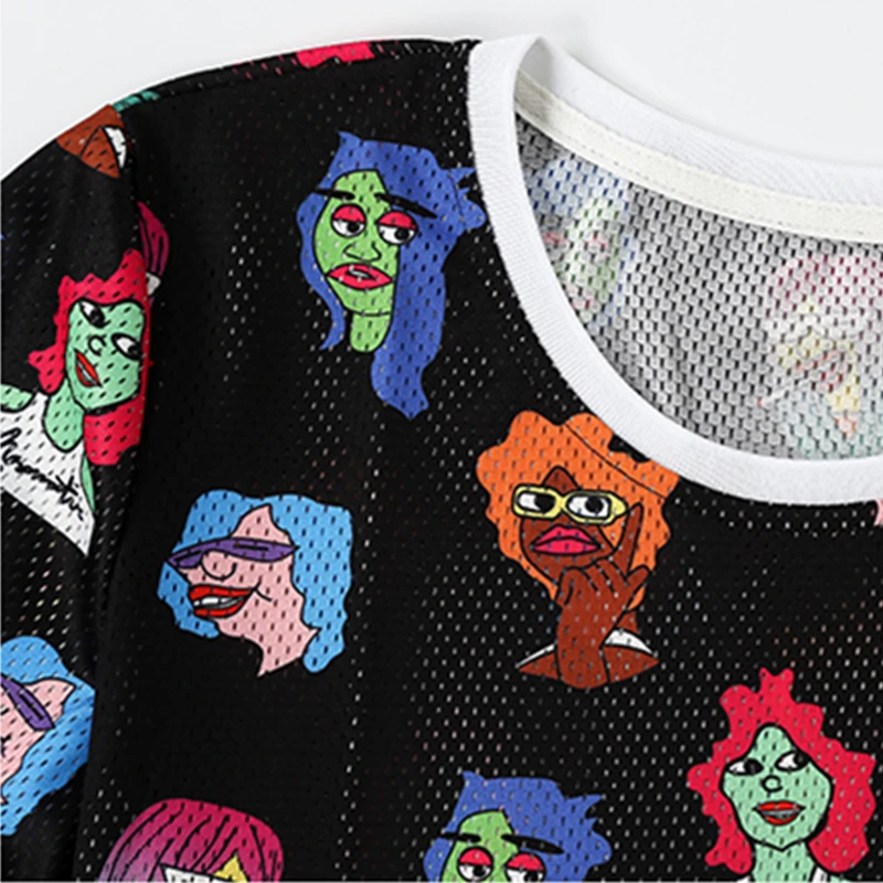 

Women Spring Summer New O-Neck Black T-Shirt Female Fashion Cartoon Printed Short Sleeve Top Hollow Out Casual Ladies Tees JQ672