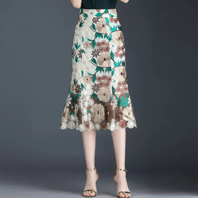 

Юбка-годе женская с завышенной талией, с вышивкой и оборками