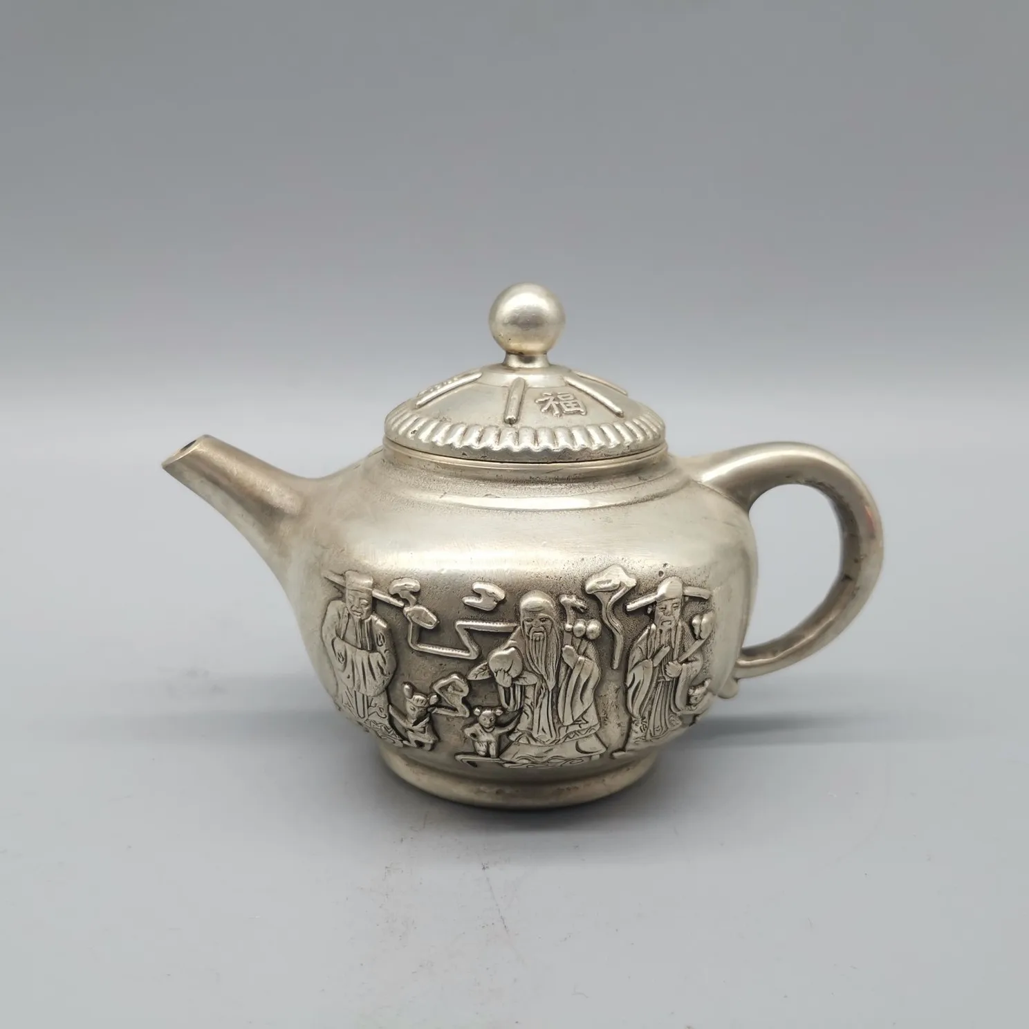 

Collect Chinese Tibet Silver carvingLuckyThe Old Gods Fu Lu Shou The Teapot Metal Crafts Home Decorationng