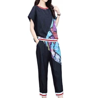 fashion tracksuit women summer printed t shirt calf length pants two piece set korean loose casual 2 piece set women