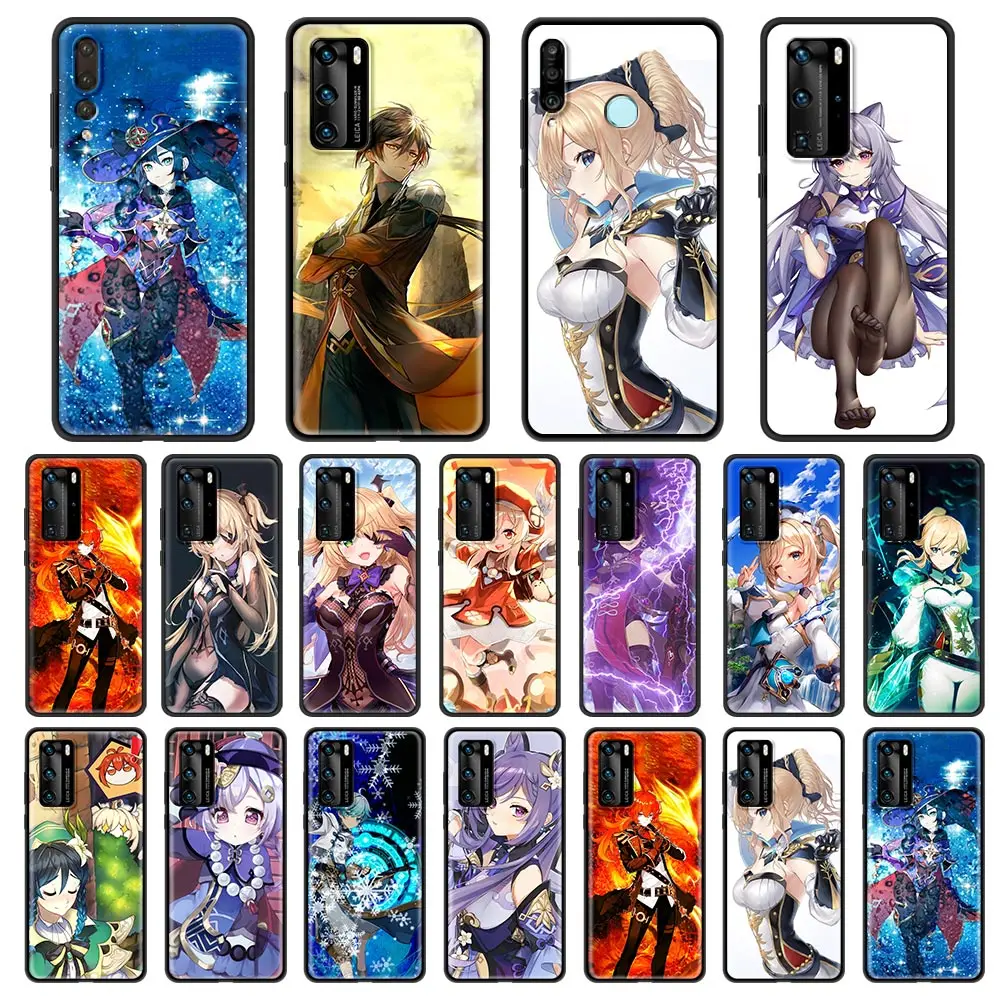 

Genshin impact Cute Phone Case For Huawei P30 Lite P40 P20 Pro P10 Lite P Smart 2019 2020 Silicone Fundas Black Cover