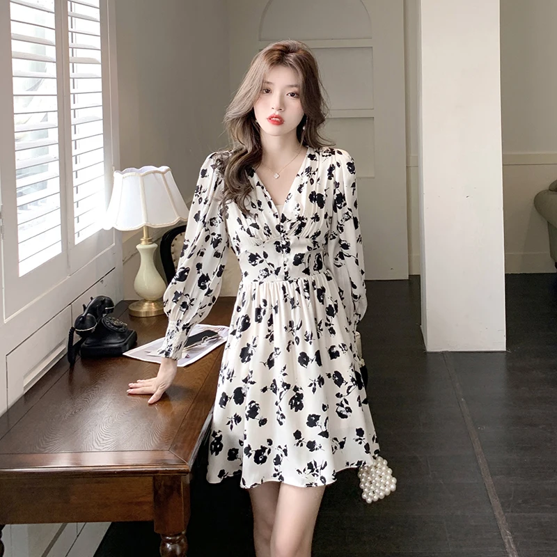 

Женское винтажное платье с цветочным принтом Hebe & Eos, шифоновое мини-платье с V-образным вырезом и длинным пышным рукавом, элегантные платья в...