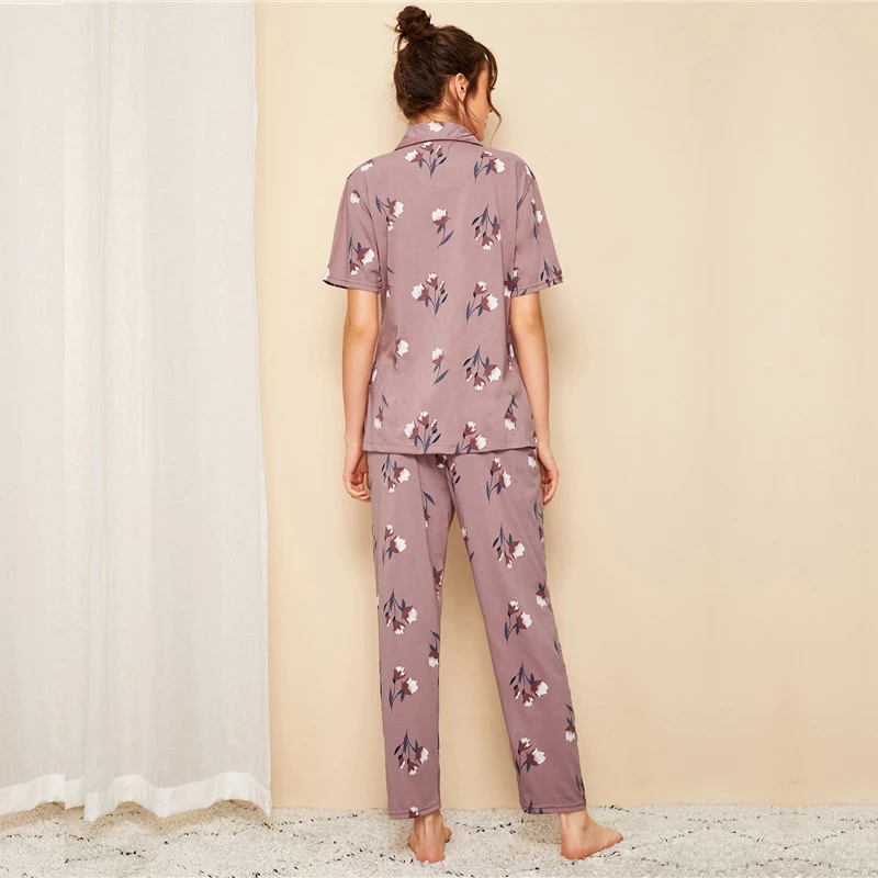 Dotfashion/топ с цветочным принтом и v-образным вырезом на пуговицах и штаны для женщин; коллекция года; осенние пижамные комплекты с карманами; женская повседневная одежда для отдыха
