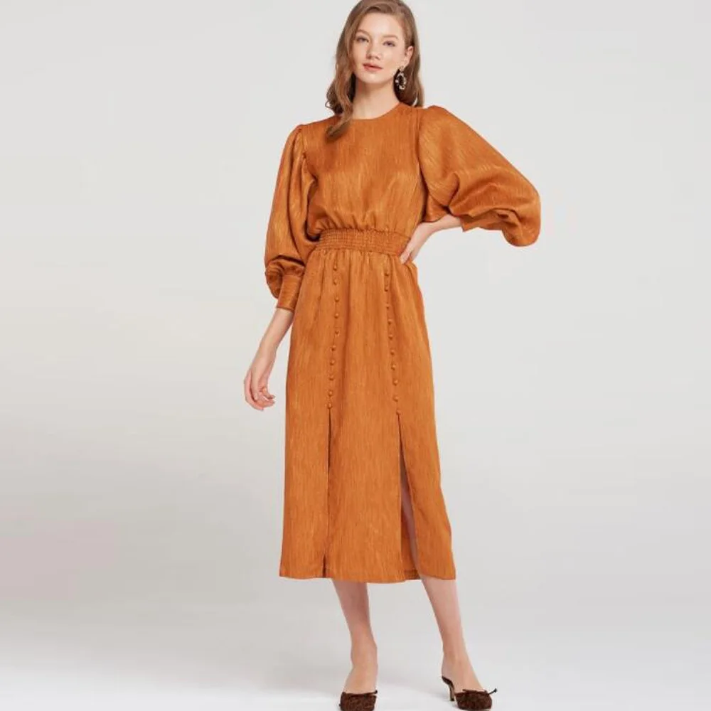 2019 осеннее женское модное коричневое шифоновое длинное платье с рукавом 3/4 о