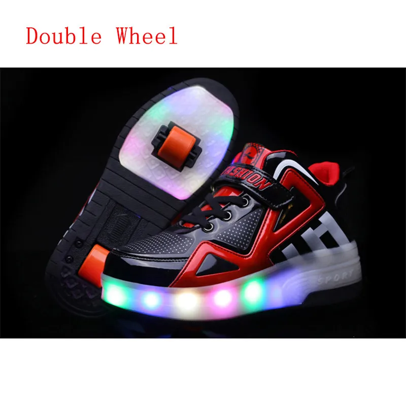 Two-Wheel Black HYFMWZS/ г. Модные двухколесный светодиодный Heelys обувь дышащая детская обувь съемные детские тонкие Ролики 30-40 - Цвет: Two-Wheel Black