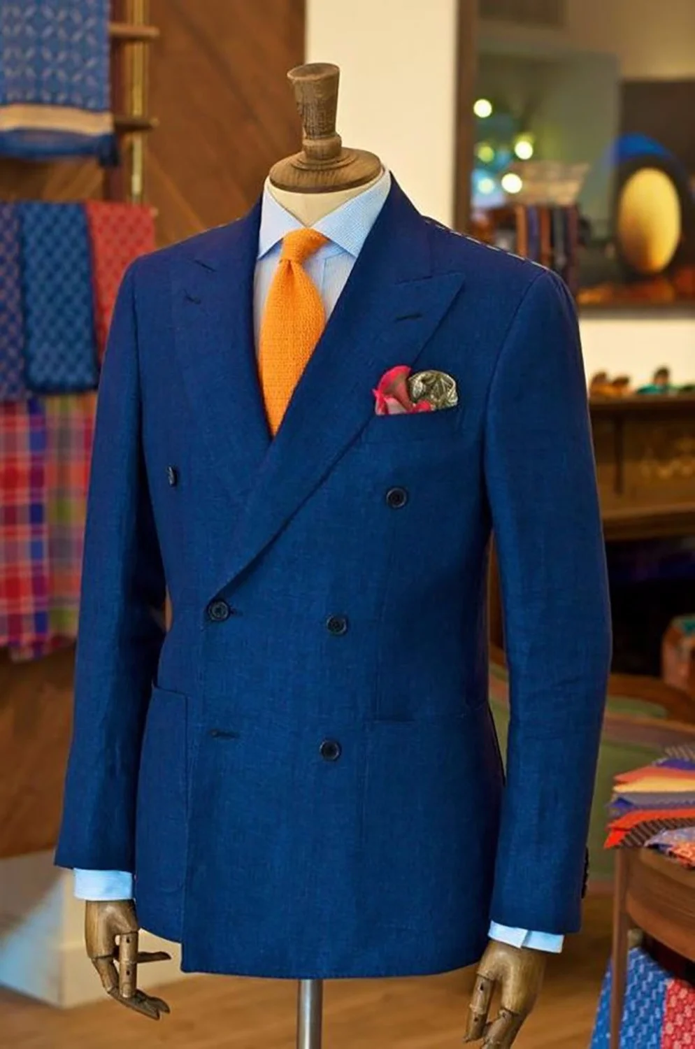 

Мужской двубортный костюм s с широким лацканом, повседневный дизайнерский костюм для мужчин, синий костюм для жениха с накладным карманом, ...