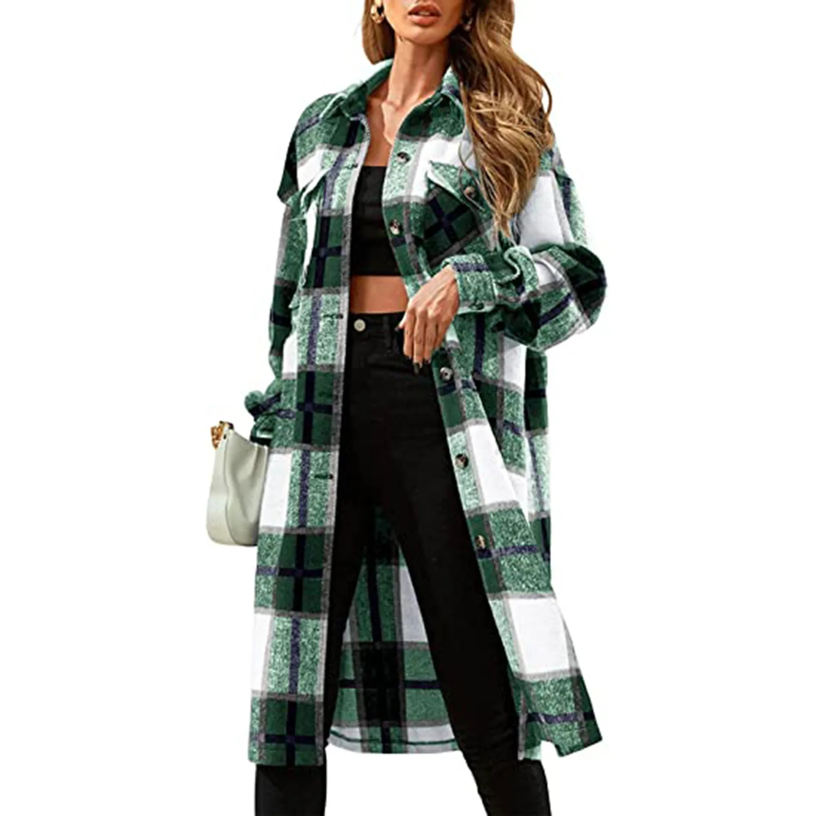 

Женская зимняя клетчатая рубашка, модное длинное пальто оверсайз с отложным воротником, однобортное плотное теплое уличное пальто