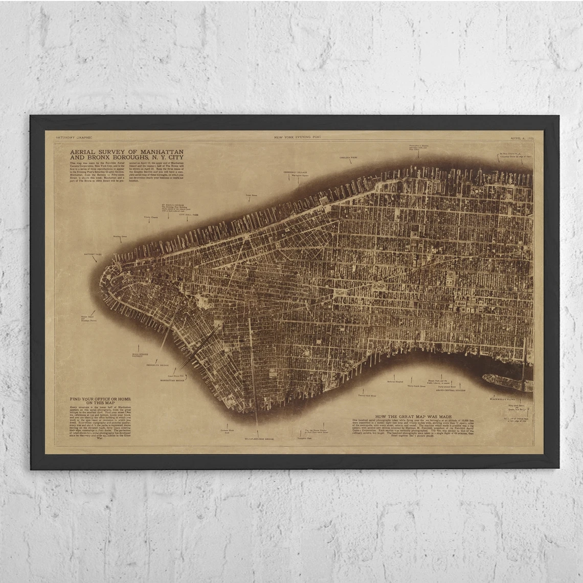 

Нью-Йорк фотографировал с двух миль вверх по воздуху 1922 карта Плакат холст художественные принты домашний декор настенная живопись (без рам...